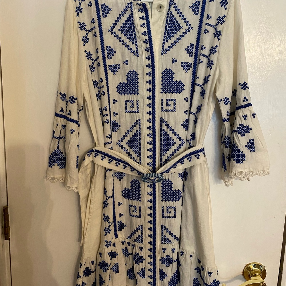 FARM Rio White and Blue Patterned Long Sleeve Dress